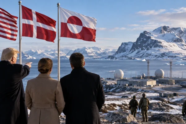 AI-generated editorial illustration representing expanded US military access in Greenland under a trilateral agreement with Denmark and Greenland.