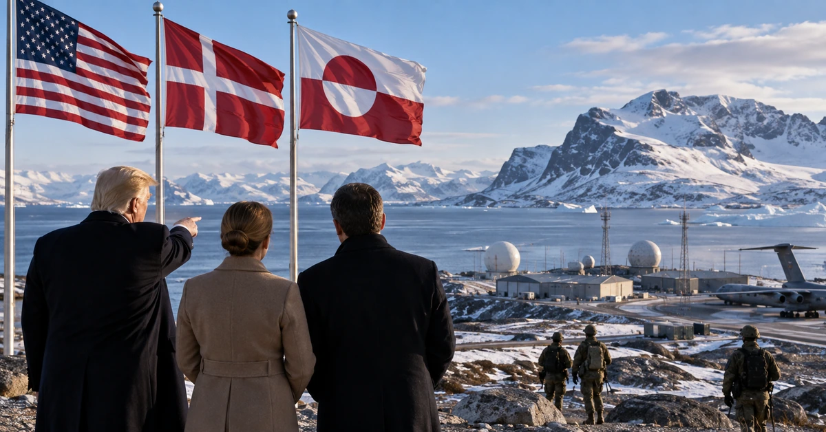 AI-generated editorial illustration representing expanded US military access in Greenland under a trilateral agreement with Denmark and Greenland.