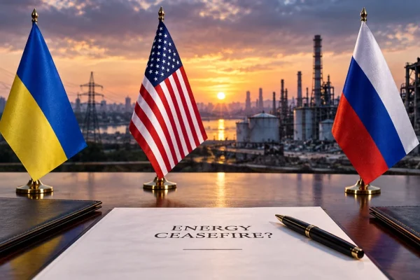 Ukrainian, American and Russian flags at a negotiation table overlooking energy infrastructure