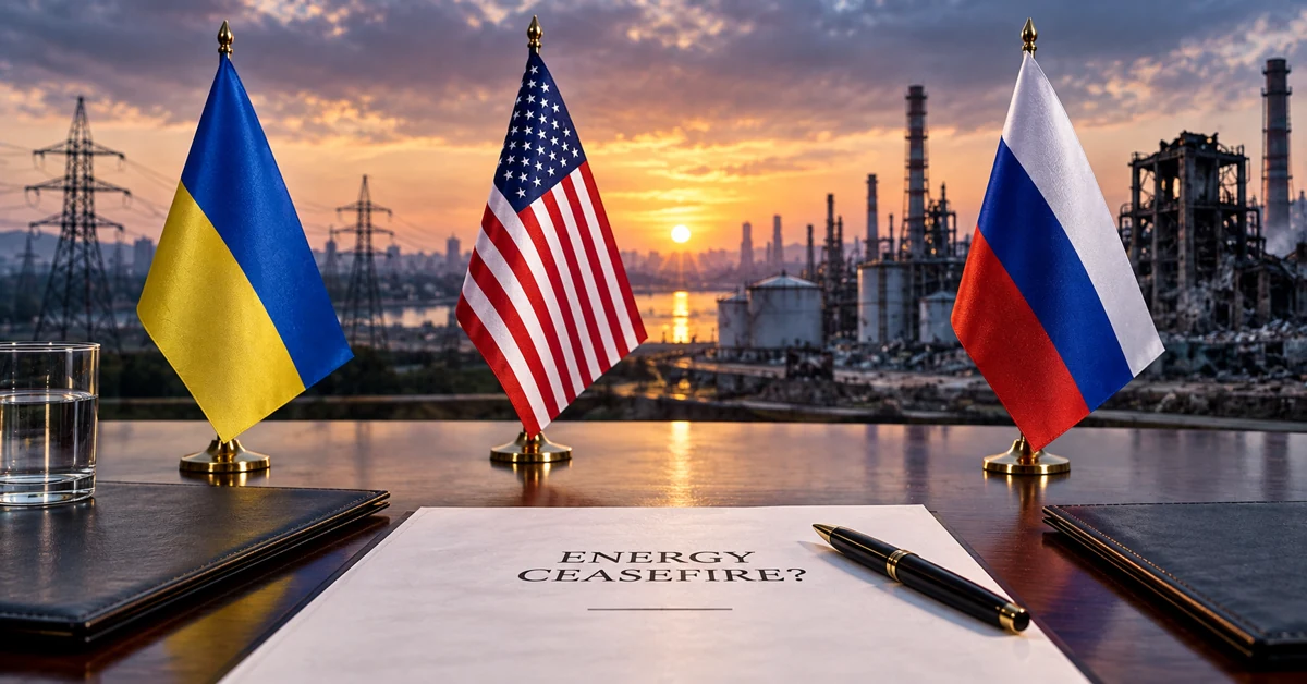 Ukrainian, American and Russian flags at a negotiation table overlooking energy infrastructure
