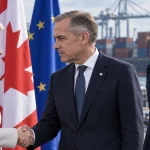 Illustration of Ursula von der Leyen and Mark Carney strengthening EU-Canada ties as Donald Trump looks on.