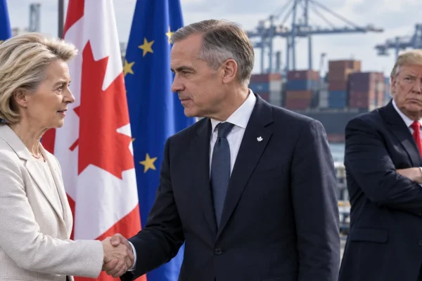 Illustration of Ursula von der Leyen and Mark Carney strengthening EU-Canada ties as Donald Trump looks on.