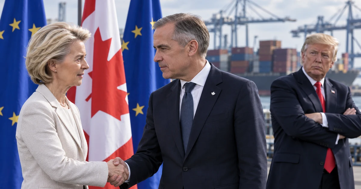 Illustration of Ursula von der Leyen and Mark Carney strengthening EU-Canada ties as Donald Trump looks on.