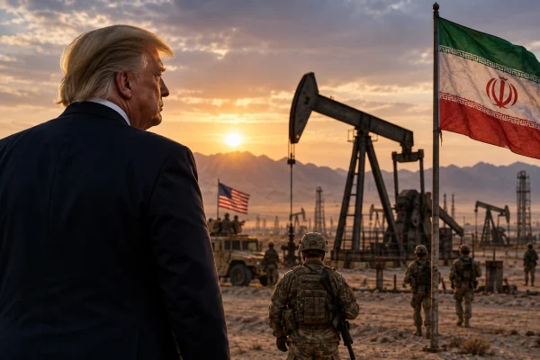 Donald Trump overlooking an Iranian oil field with US military personnel at sunset