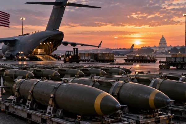 Rows of heavy aerial munitions beside a military transport aircraft with U.S. and Israeli flags at sunset.