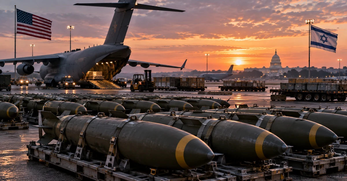 Rows of heavy aerial munitions beside a military transport aircraft with U.S. and Israeli flags at sunset.
