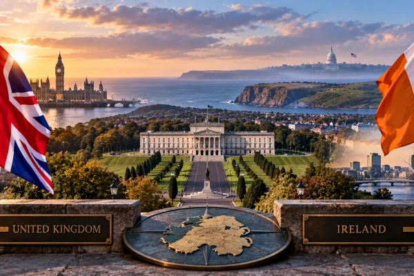 Stormont between British and Irish flags with symbolic routes toward the United Kingdom and Ireland
