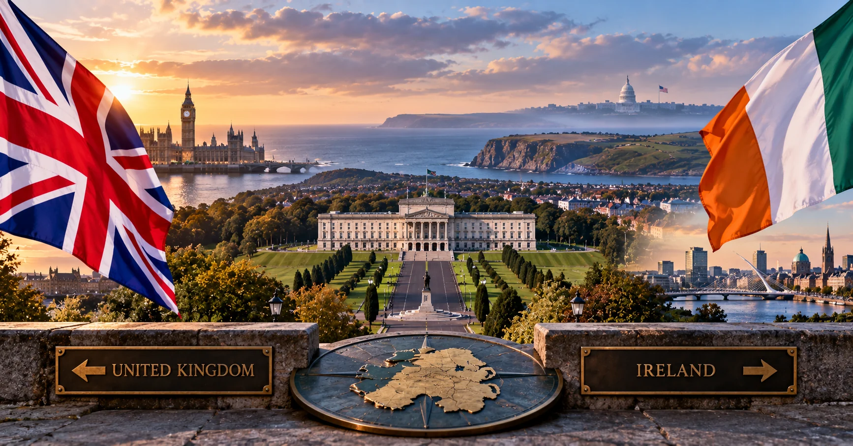 Stormont between British and Irish flags with symbolic routes toward the United Kingdom and Ireland