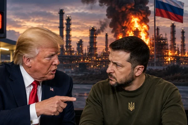 Donald Trump and Volodymyr Zelenskyy with a burning oil refinery in the background