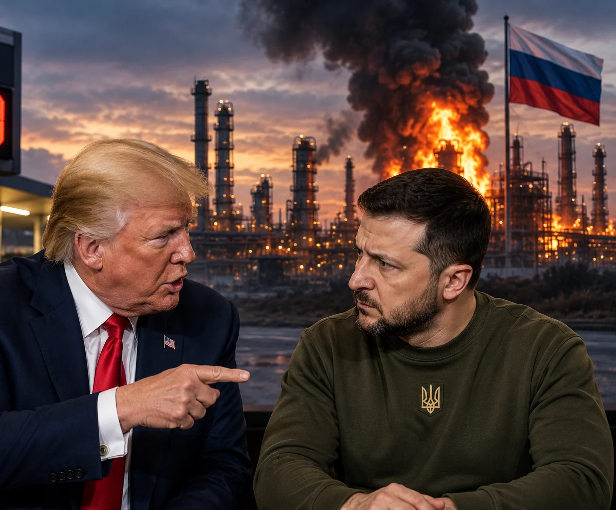 Donald Trump and Volodymyr Zelenskyy with a burning oil refinery in the background