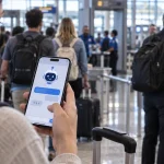 Illustration of a traveller using an AI assistant on a phone while TSA staff work at an airport security checkpoint.