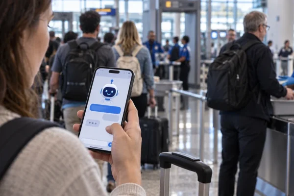 Illustration of a traveller using an AI assistant on a phone while TSA staff work at an airport security checkpoint.