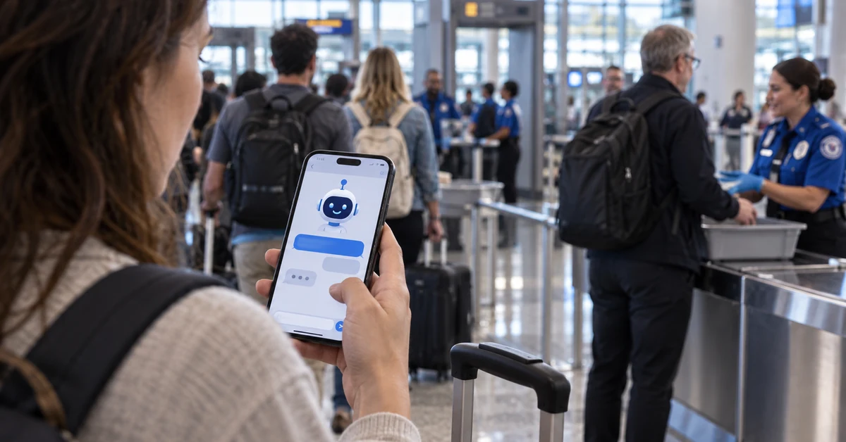 Illustration of a traveller using an AI assistant on a phone while TSA staff work at an airport security checkpoint.