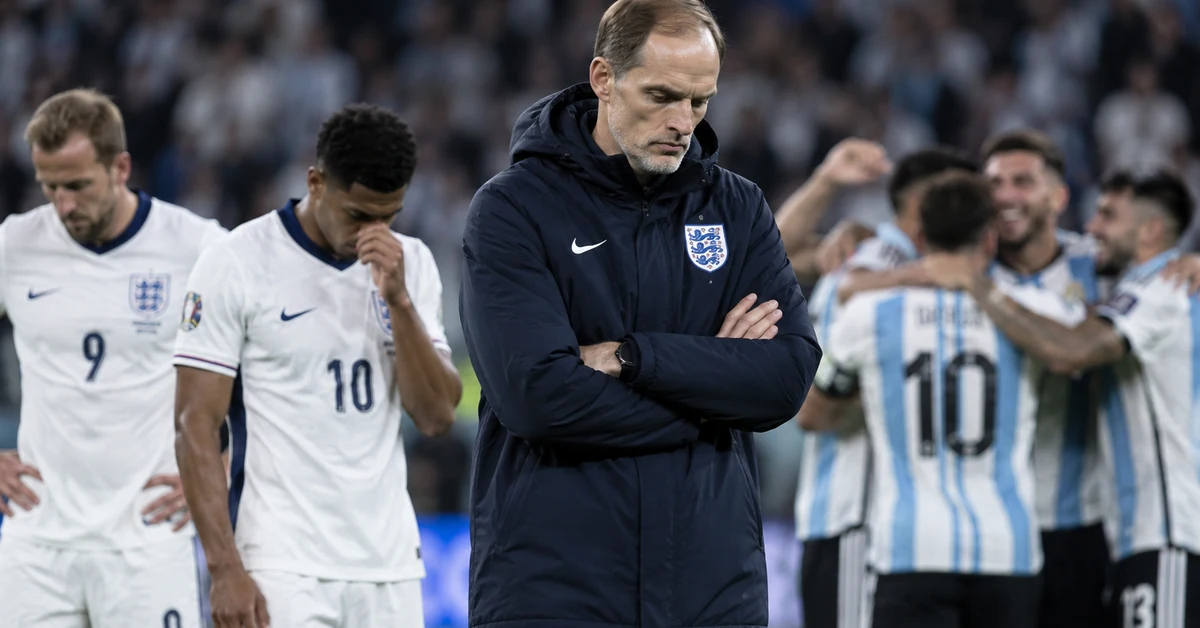 Illustration of Thomas Tuchel and dejected England players after their World Cup semi-final defeat to Argentina.