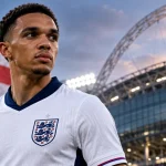 Editorial illustration of an England footballer at a stadium representing Trent Alexander-Arnold's return to the national squad.