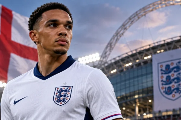 Editorial illustration of an England footballer at a stadium representing Trent Alexander-Arnold's return to the national squad.