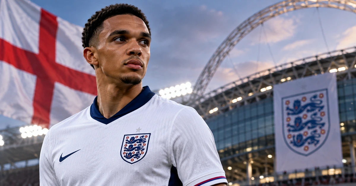 Editorial illustration of an England footballer at a stadium representing Trent Alexander-Arnold's return to the national squad.
