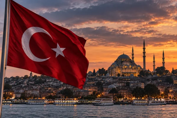 Turkish flag overlooking Istanbul and a large mosque at sunset