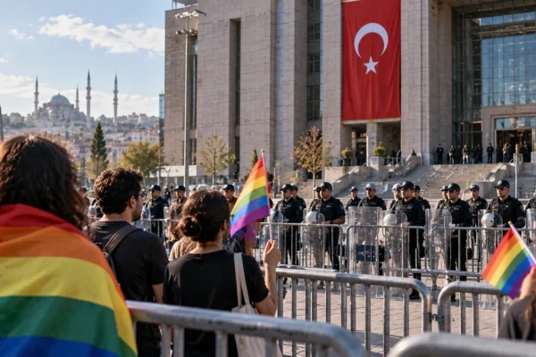 LGBTQ rights demonstrators facing police barriers outside a Turkish government building, illustrating the expanding crackdown and protests.