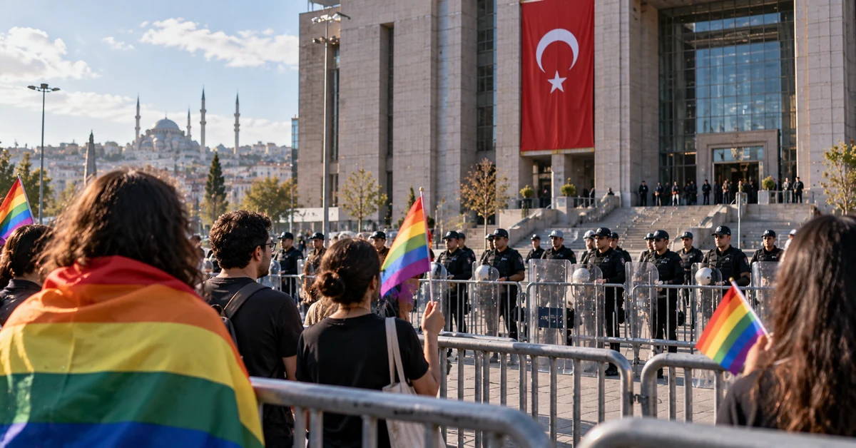 LGBTQ rights demonstrators facing police barriers outside a Turkish government building, illustrating the expanding crackdown and protests.