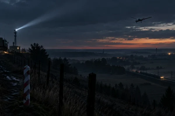 Editorial illustration of a drone approaching a guarded border area at dusk, with radar equipment and a railway visible nearby.