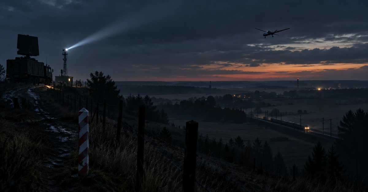 Editorial illustration of a drone approaching a guarded border area at dusk, with radar equipment and a railway visible nearby.