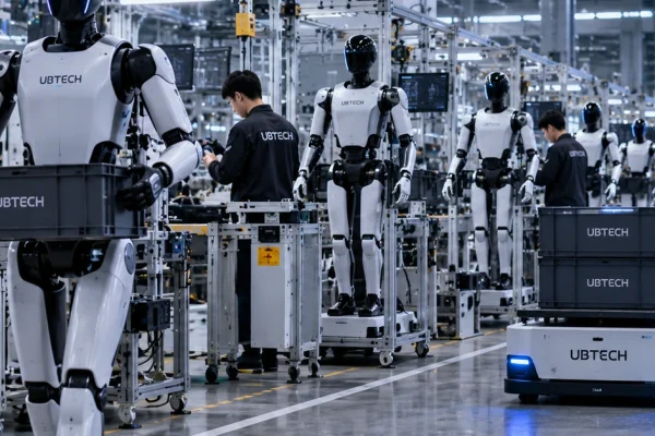 Editorial illustration of humanoid robots and automated material handling inside a large modern robot manufacturing facility.