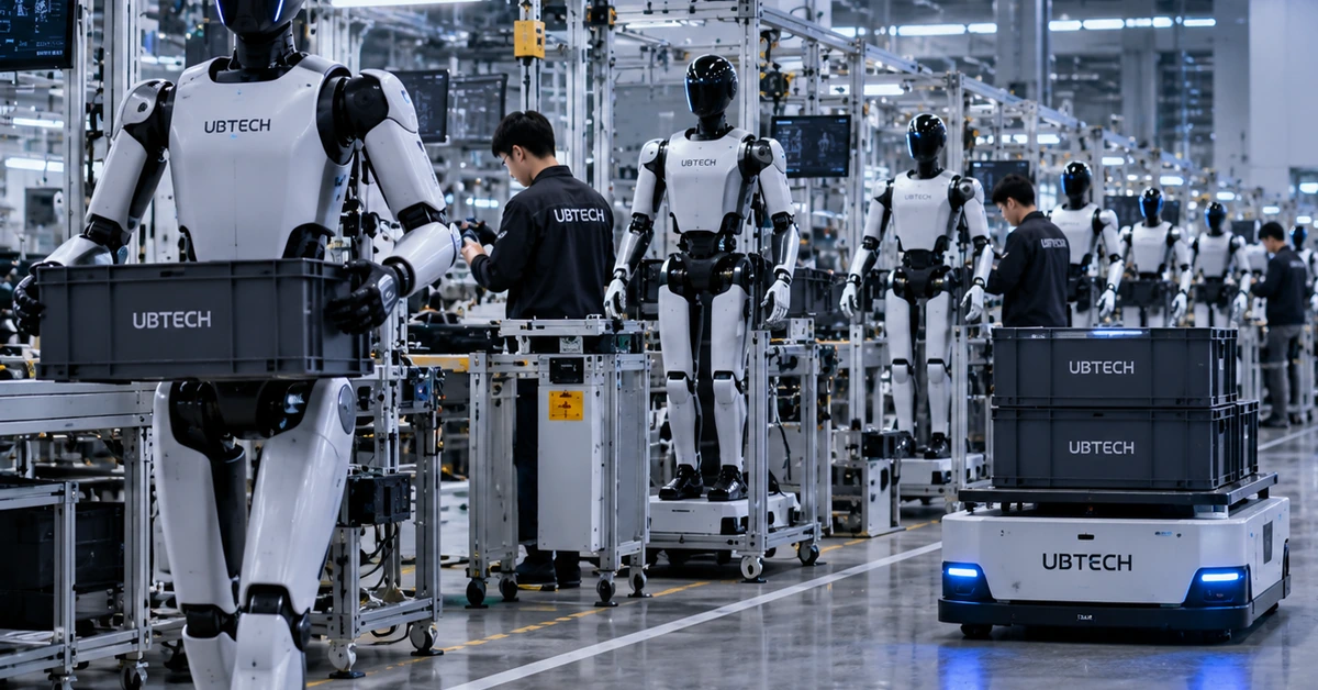 Editorial illustration of humanoid robots and automated material handling inside a large modern robot manufacturing facility.