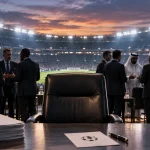 Illustration of international football officials preparing for a leadership election overlooking a stadium.