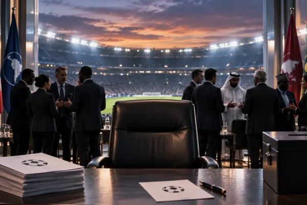 Illustration of international football officials preparing for a leadership election overlooking a stadium.