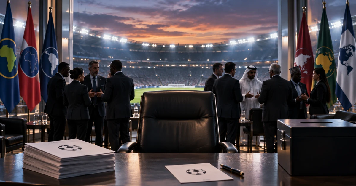Illustration of international football officials preparing for a leadership election overlooking a stadium.