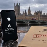 Illustration of an encrypted Apple device beside a confidential UK government surveillance file overlooking Westminster.