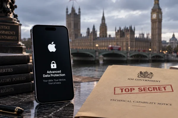 Illustration of an encrypted Apple device beside a confidential UK government surveillance file overlooking Westminster.