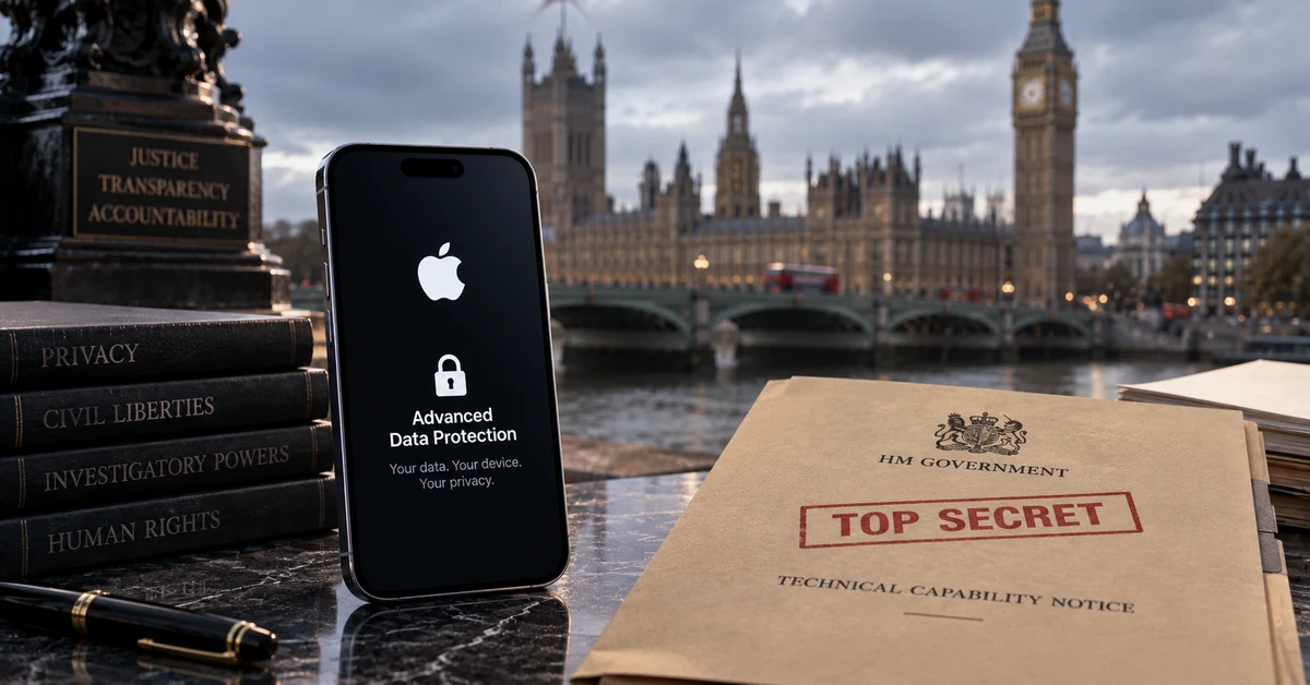 Illustration of an encrypted Apple device beside a confidential UK government surveillance file overlooking Westminster.