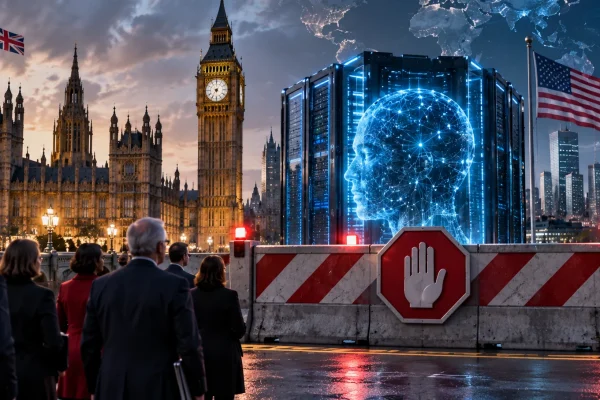 Westminster facing a futuristic artificial intelligence data centre behind a barrier, with American and Chinese flags in the distance