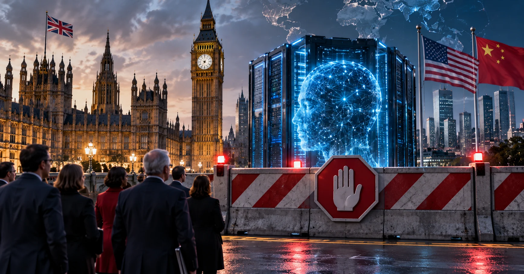 Westminster facing a futuristic artificial intelligence data centre behind a barrier, with American and Chinese flags in the distance