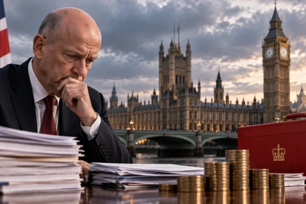 AI-generated editorial illustration representing pressure on the UK Chancellor as government borrowing exceeds forecasts.