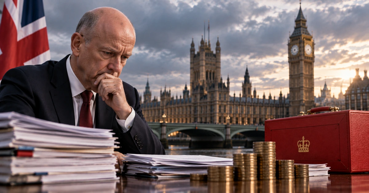 AI-generated editorial illustration representing pressure on the UK Chancellor as government borrowing exceeds forecasts.