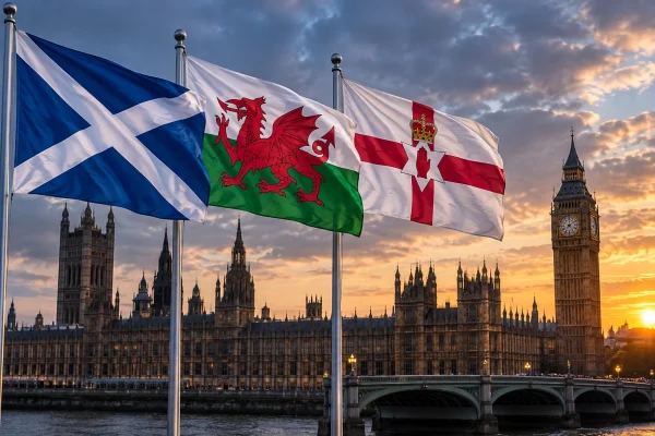 Scottish, Welsh and Northern Irish flags flying in front of the Palace of Westminster at sunset