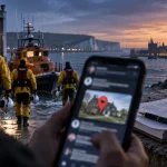 Illustration of RNLI-style rescue crews, online publication of a private address and proposed UK legal action against doxxing.