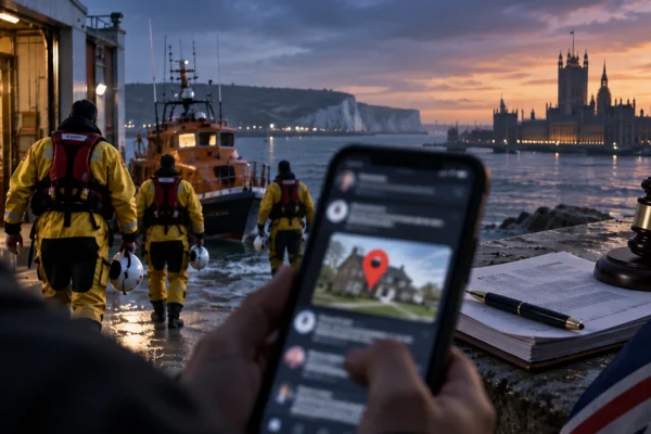 Illustration of RNLI-style rescue crews, online publication of a private address and proposed UK legal action against doxxing.