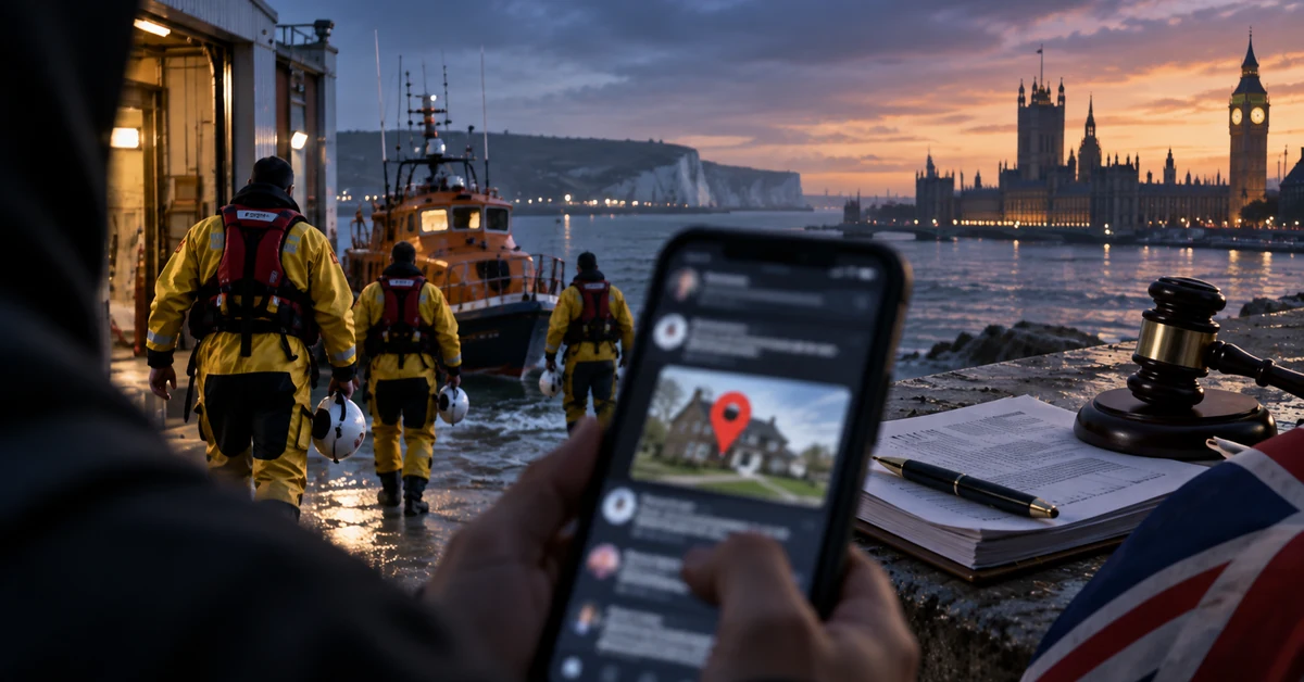Illustration of RNLI-style rescue crews, online publication of a private address and proposed UK legal action against doxxing.