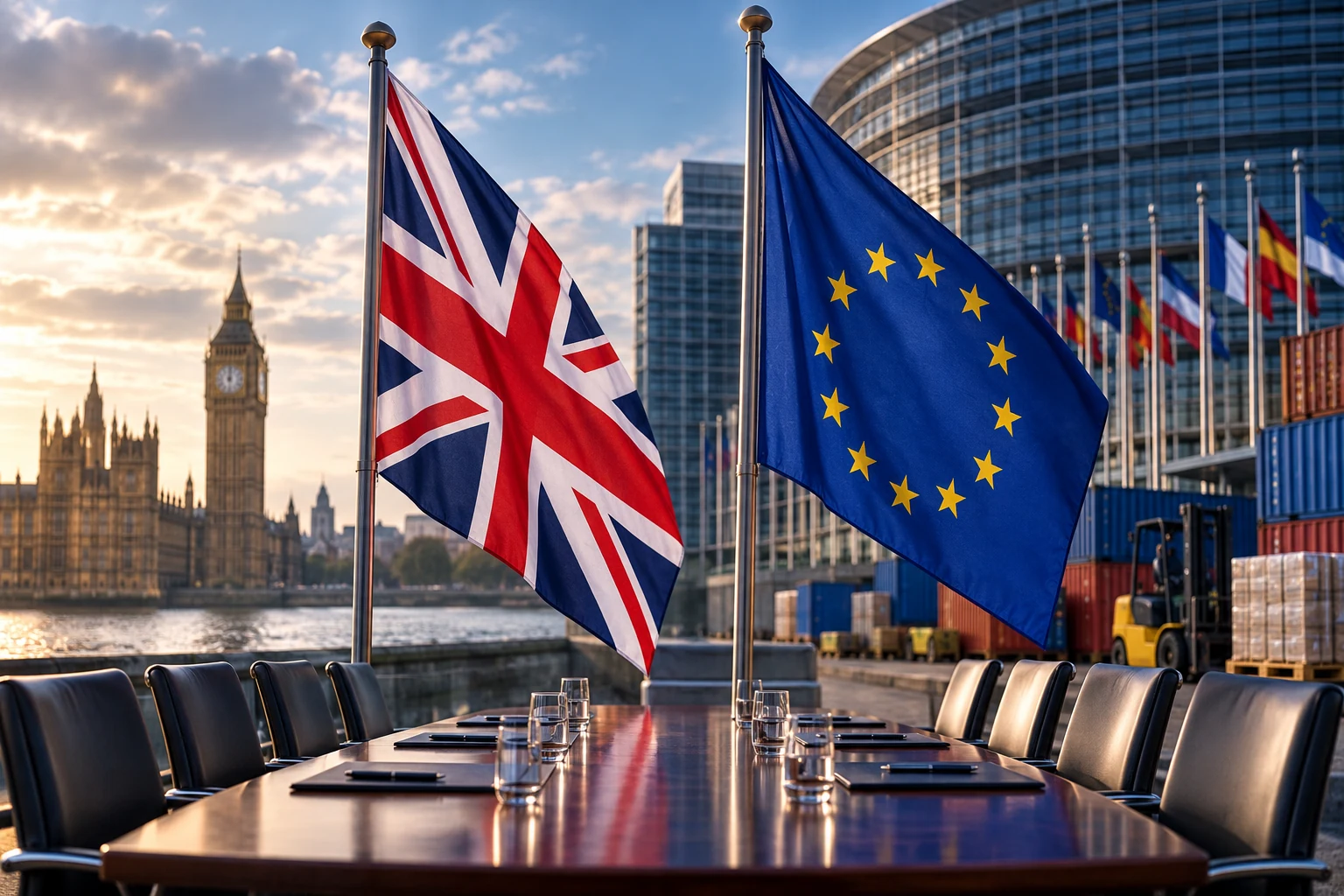 UK and EU flags overlooking a negotiation table, London and European trade infrastructure