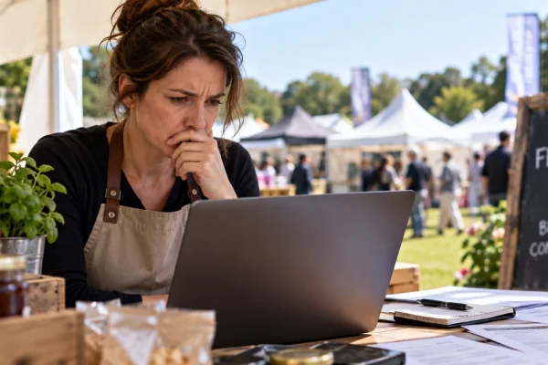 Editorial illustration of a food-festival trader looking concerned while reading a laptop at an outdoor market stall.