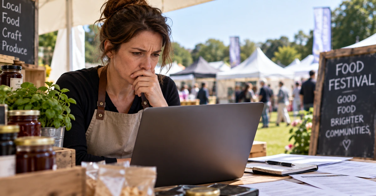 Editorial illustration of a food-festival trader looking concerned while reading a laptop at an outdoor market stall.