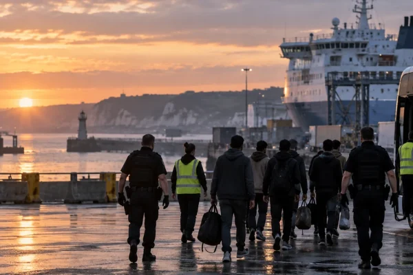 People carrying bags being escorted towards transport at a Channel port, illustrating the UK-France migrant returns scheme.
