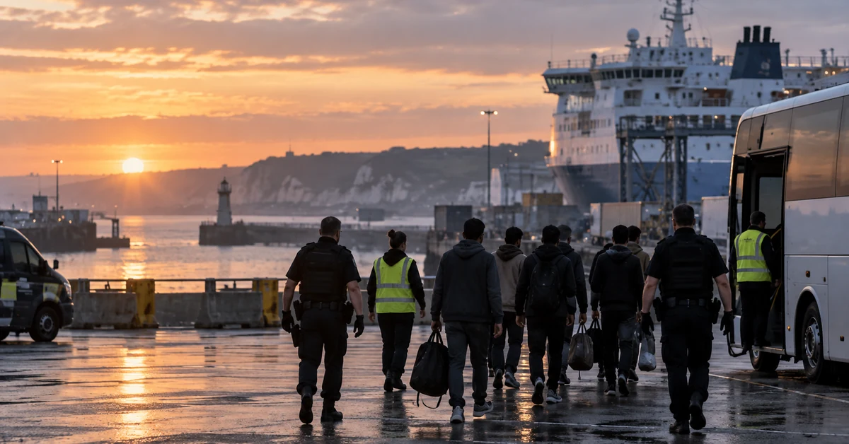 People carrying bags being escorted towards transport at a Channel port, illustrating the UK-France migrant returns scheme.