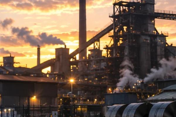 British steelworks at dusk with steel coils and a Union flag, illustrating the proposed public acquisition of Speciality Steel UK.