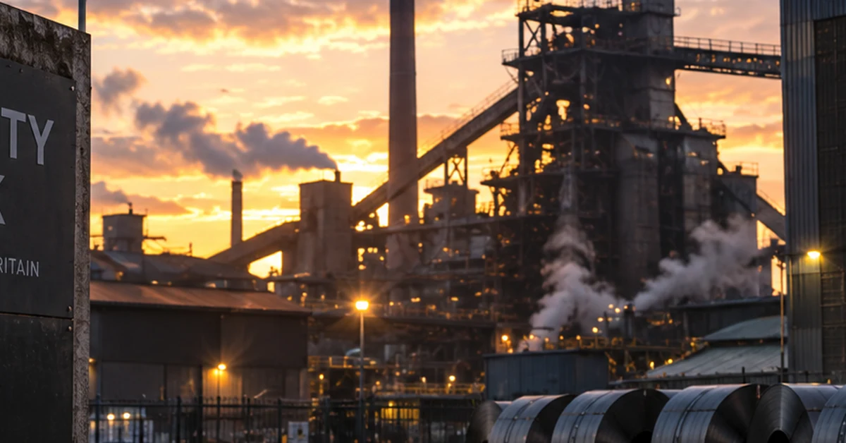 British steelworks at dusk with steel coils and a Union flag, illustrating the proposed public acquisition of Speciality Steel UK.