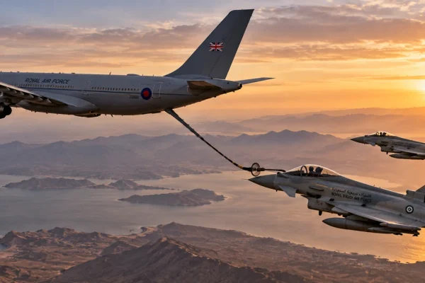 AI-generated editorial illustration representing an RAF tanker providing air-to-air refuelling support to Saudi combat aircraft.